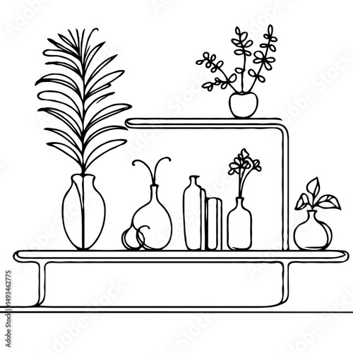 Simple shelf decor with vases and plants in minimalist style  