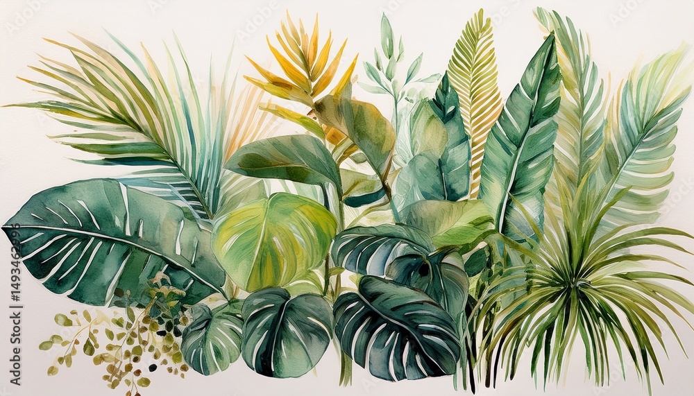 Obraz premium a compilation of contemporary hand drawn tropical plant visuals in a minimalist aesthetic highlighting watercolor depictions of bushes and shrubs for architectural and landscape designs
