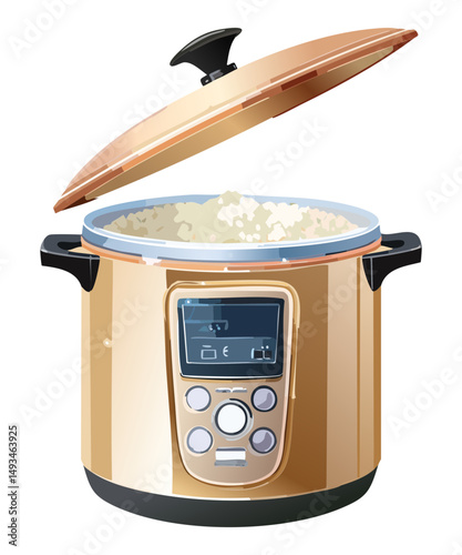 Gold Rice Cooker with Digital Display Panel - Vector Illustration