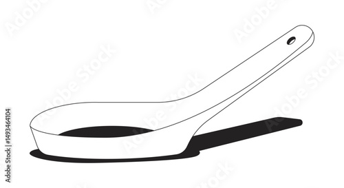 Empty white ceramic soup spoon 2D line object. Asian utensil kitchen tool. Cooking equipment. Oriental tablespoon kitchenware isolated clipart vector ink outline item. Monochrome spot illustration