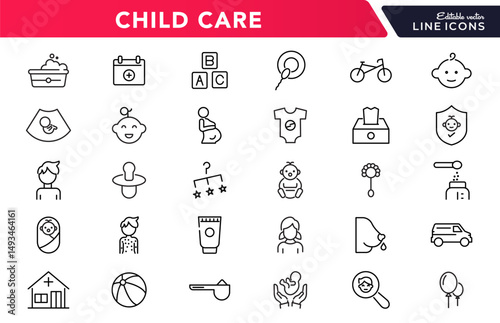 Child care line icon set. Babies, motherhood, kids, family, baby, pregnancy, prenatal care, support, safety, International Children Day, awareness, and parenthood outline vector thin icon pack