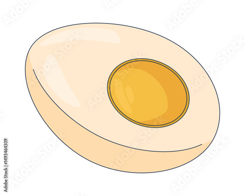 Boiled egg half 2D cartoon object. Protein food slice. Breakfast cooking ingredient. Hardboiled yolk center. Halved cooked egg isolated element flat vector clip art on white. Spot illustration