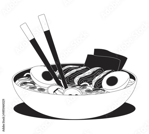 Ramen bowl with chopsticks 2D line object. Asian soup noodles, boiled eggs, pork slices, vegetables, seaweed garnish dish isolated clipart vector ink outline item. Monochrome spot illustration