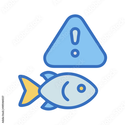 Warning sign above stylized fish against a black background