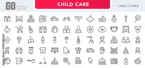Child care line icon set. Babies, motherhood, kids, family, baby, pregnancy, prenatal care, support, safety, International Children Day, awareness, and parenthood outline vector thin icon pack