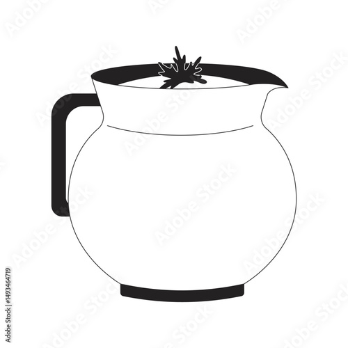 Buttermilk pitcher with cilantro garnish 2D line object. Yogurt drink in clay jug. Indian lassi topped with herb. Beverage vessel isolated clipart vector ink outline item. Monochrome spot illustration
