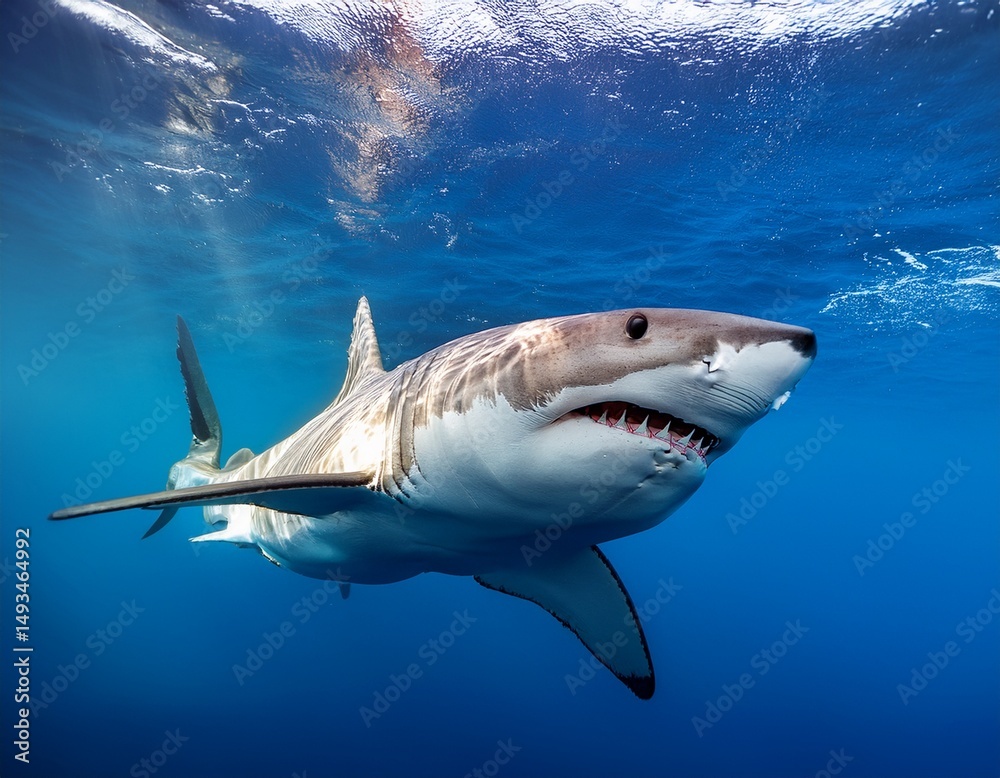 Naklejka premium close up of a great white shark swimming underwater in clear blue ocean with a focus on the shark s face and sharp teeth
