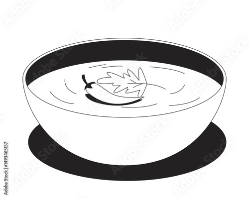 Spicy yogurt dip with chili garnish 2D line object. Seasoned creamy bowl with coriander leaf. Tangy flavor. Appetizer dish isolated clipart vector ink outline item. Monochrome spot illustration