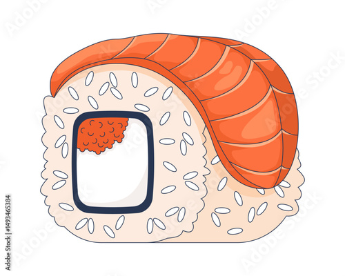 Sushi roll with salmon topping 2D cartoon object. Salmon slice draped over rice wrap with fish roe. Japanese cuisine food dish isolated element flat vector clip art on white. Spot illustration