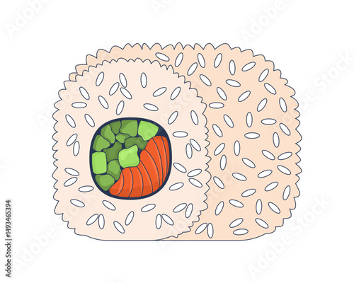 Sushi roll with avocado and salmon 2D cartoon object. Vegetable chunks and fish slices wrapped in rice. Japanese food. Asian cuisine isolated element flat vector clip art on white. Spot illustration