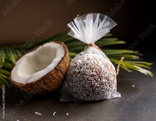 coconut packaging eco friendly concept eco friendly coconut candy wrapped in biodegradable material on a dark background