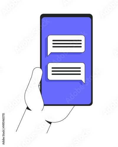 Hand holding smartphone with chat messages vector illustration. Cellphone communication, messaging screen, mobile technology 2D cartoon image isolated on white. Editable flat clipart colorful