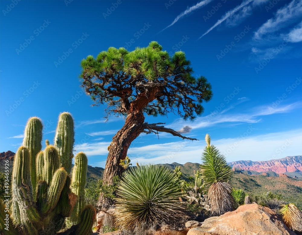Fototapeta premium a twisted pine tree stands against a blue sky surrounded by green cacti creating a contrast of rugged and delicate nature