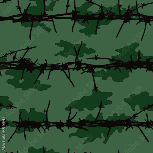 Silhouette of the barbed wire on the background of a camouflage. Unique barbed wire camouflage seamless pattern for military projects, tactical gear, and outdoor fabrics. Royalty-free design, perfect 