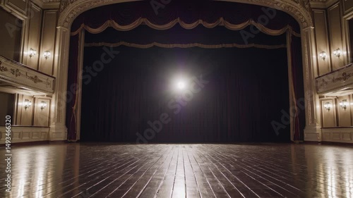 Velvet crimson theater curtains gradually separating, exposing immaculate wooden stage within opulent performance hall, hinting theatrical expectation