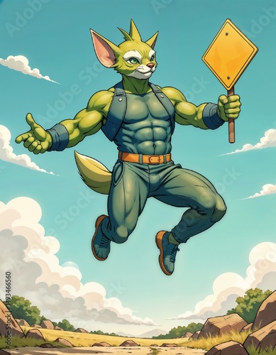 Vigorous anthropoid canine hero soaring with an unwritten placard against a bright cerulean vista [with spaces for text].