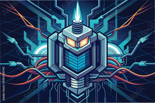Futuristic vector illustration of a robotic structure with glowing elements and intricate geometric patterns set against a high-tech digital background