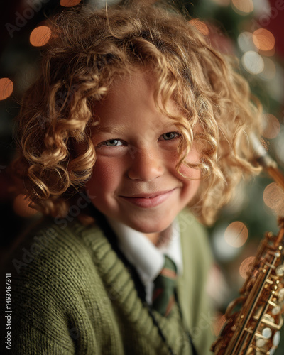Porträt eines blonden Jungen mit Locken und Saxophon vor unscharfem Hintergrund,
Portrait of a Blonde Curly-Haired Boy with a Saxophone in Front of a Blurred Background