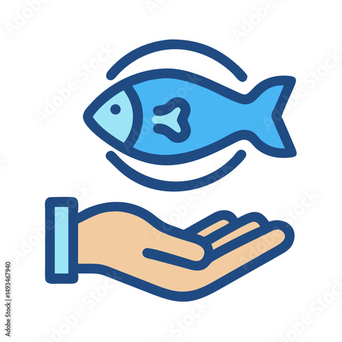 Hand and fish line art icon on black background