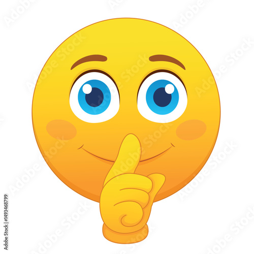 Cartoon emoji shush gesture, silence, secrecy. Yellow emoji face with big blue eyes smiling and holding an index finger to its mouth.