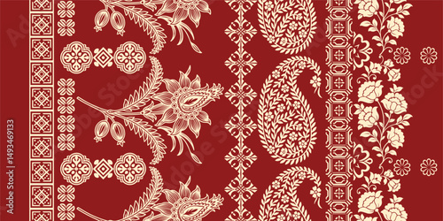 floral pattern vintage ethnic modern embroidery texture boho design vector illustration hand drawn pink flower motif branches leaves wallpaper seamless background border.

