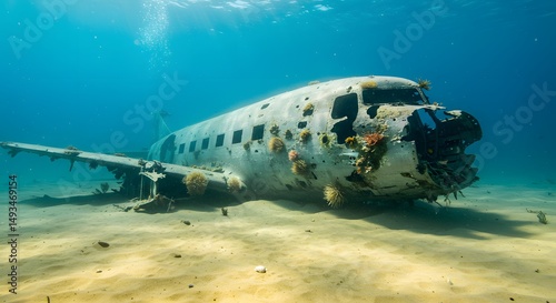 Wallpaper Mural Sunken airplane wreck resting on the sandy ocean floor underwater with coral growth Torontodigital.ca