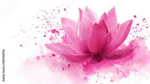 Pink watercolor lotus flower with abstract splashes