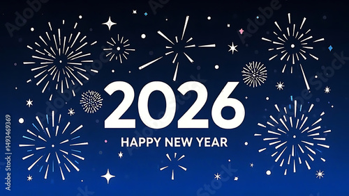 Happy New Year 2026 Celebration with Fireworks on Dark Blue Background – Festive Holiday Greeting Design