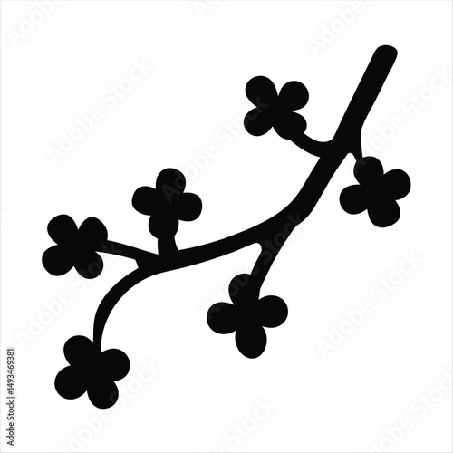 Black silhouette illustration of a flowering twig with four petaled flowers