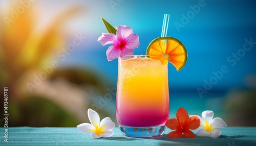 colorful tropical cocktail garnished with flowers on a vibrant background generative ai