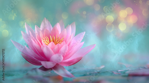 Ethereal pink lotus floating in dreamy watercolor mist