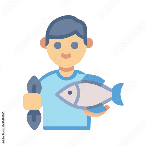 Man holding fish and spear with minimalist design approach