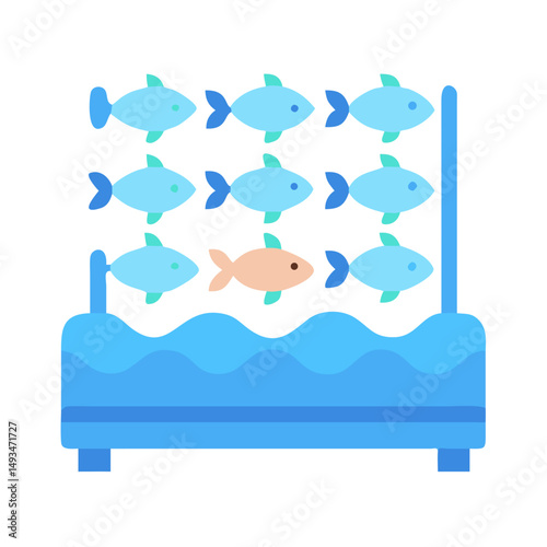 Flat design illustration showing fish tank with diverse fish