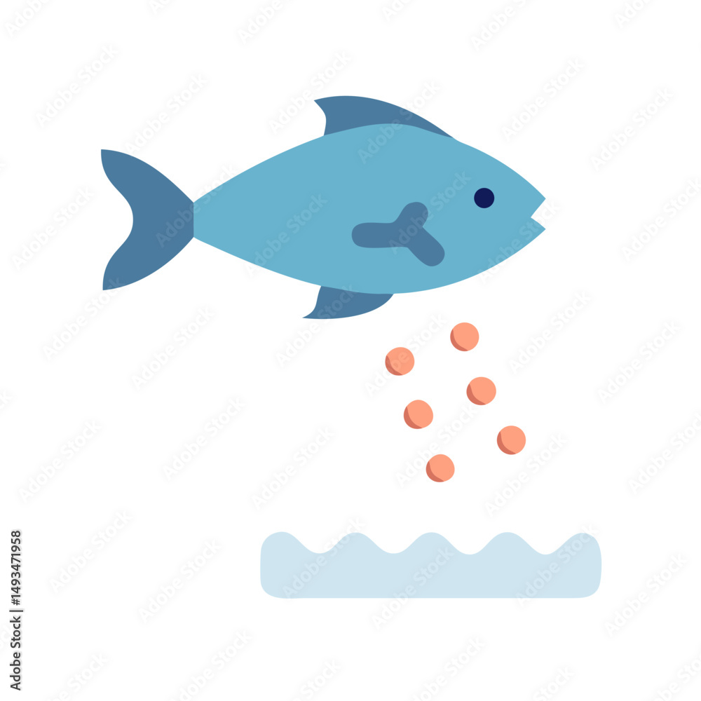 Obraz premium Stylized blue fish illustration being fed floating orange pellets