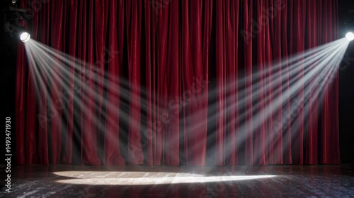 Powerful spotlights illuminate a red curtain on a wooden stage, creating visible light beams through smoke or fog