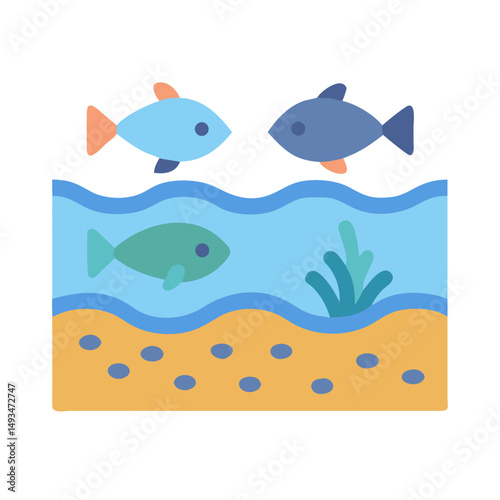 Stylized illustration of fish and tank on black backdrop