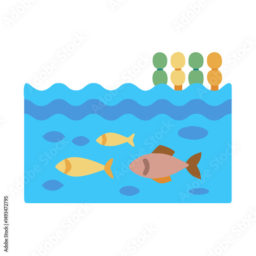 Stylized fish swimming in vibrant blue water