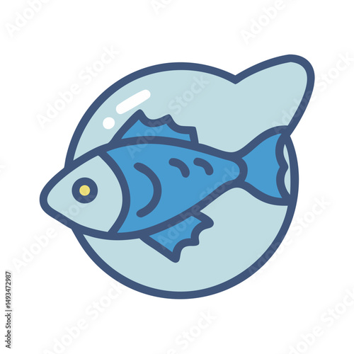 Blue fish swims inside clear circular aquarium bowl