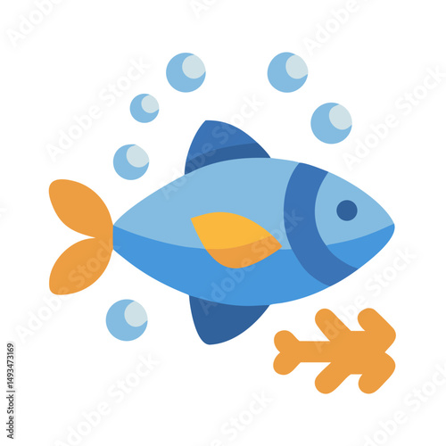 Blue fish swimming with bubbles flat illustration design