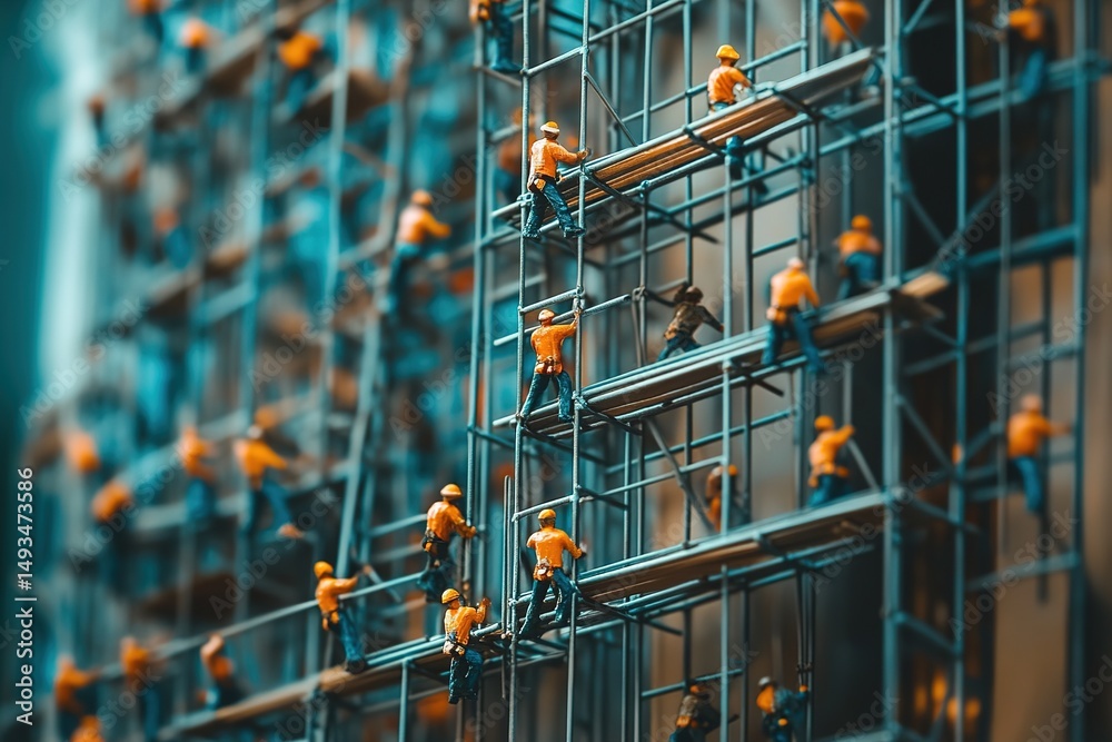 Fototapeta premium Miniature figures climbing enormous scaffolding to build a skyscraper