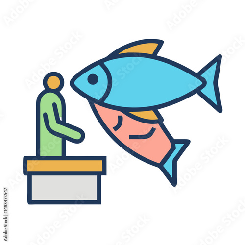 Stylized illustration of a fishmonger selling fresh fish