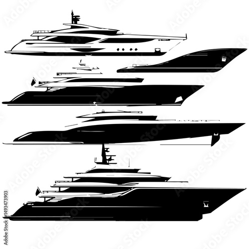 Vector illustration of five sleek, modern yacht silhouettes in black and white, depicted from a side view with dynamic lines suggesting motion, showcasing luxury maritime design and style.