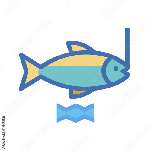 Stylized cartoon fish caught on a fishing hook