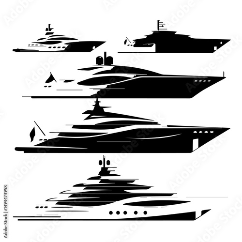 Vector illustration of five sleek, modern yacht silhouettes in black and white, depicted from a side view with dynamic lines suggesting motion, showcasing luxury maritime design and style.