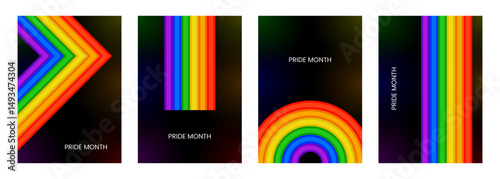 Colorful Pride Month Abstract Poster Set, Rainbow Lines Modern Geometric Art Design, Vibrant Minimal, Backgrounds with Dark Gradient