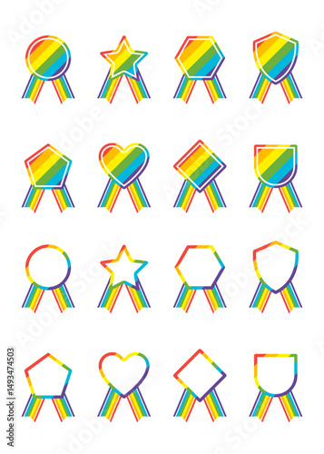 Rainbow Ribbon Award Medals, Pride Celebration Icon Set, Recognition Badges & Colorful Label Designs