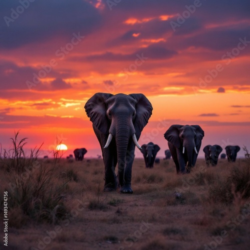 Elephants walking in the african savanna at sunset