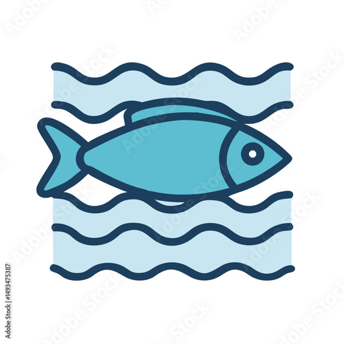 Stylized fish swims in simple blue ocean waves
