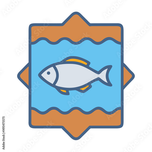 Stylized fish graphic within a decorative border