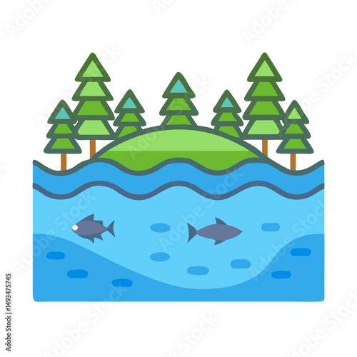 Lakeside forest icon with fish, flat design